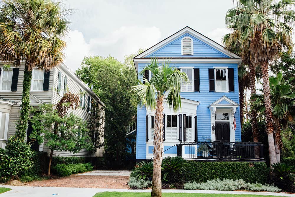 Front view of light blue house