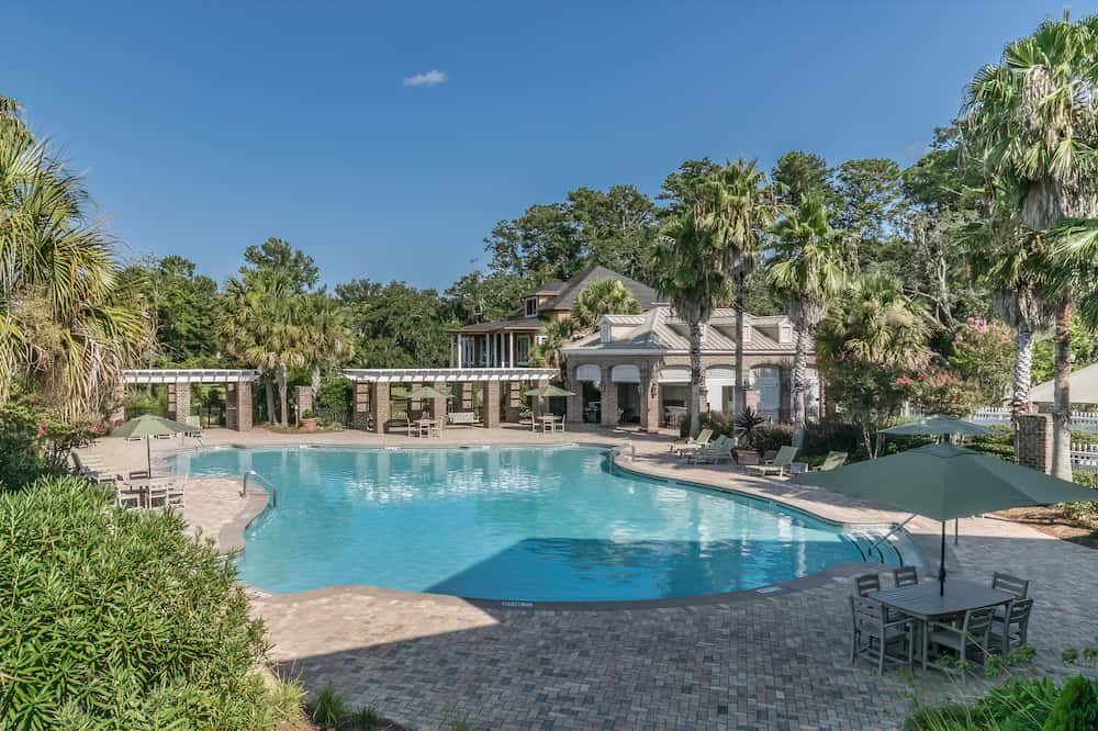 Pool surrounded by beautiful palm trees